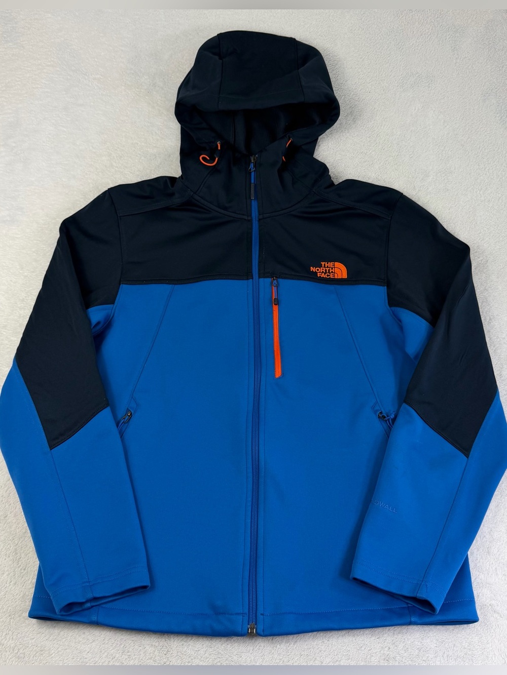 The North Face WindWall Men’s M Hooded Softshell Jacket Blue Black Orange